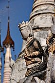 Elaborate figures carved in stucco decorate the ancient stupas, Kakku Buddhist Ruins. Shan State in Myanmar (Burma).